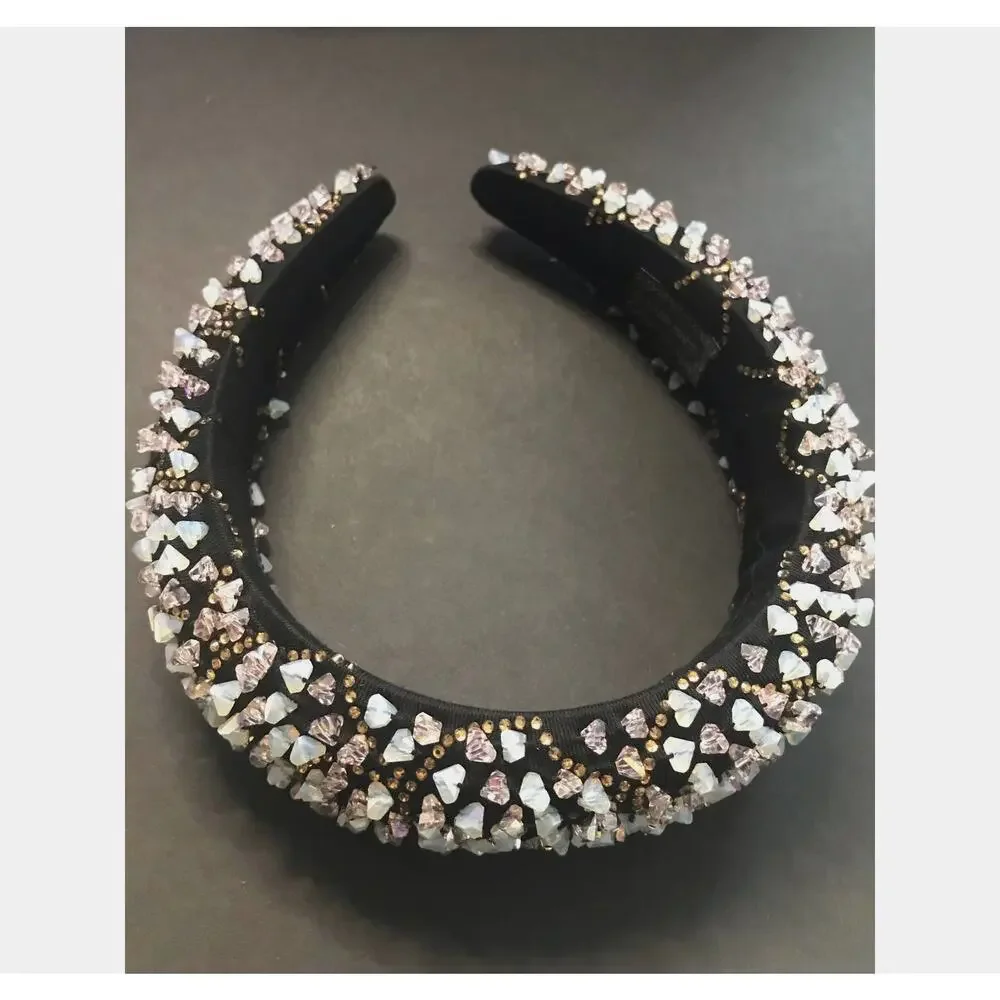 Women's Amethyst Crystal Chip Embellished Headband Black Beaded Statement